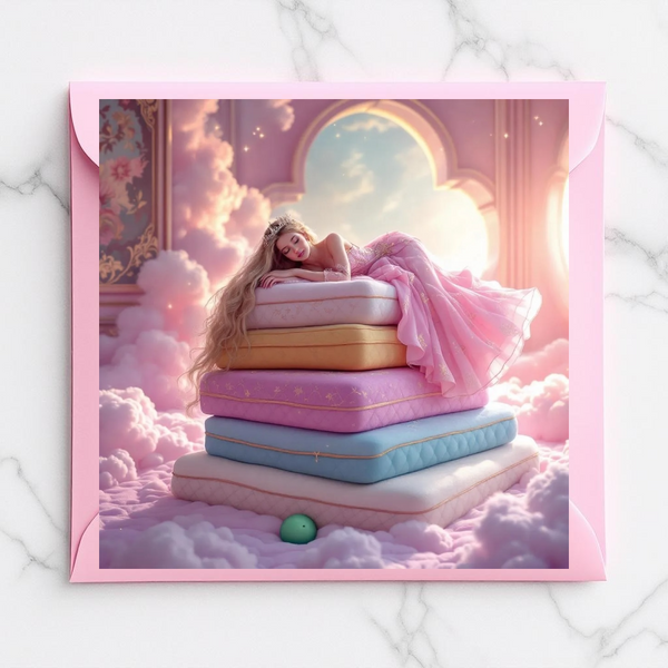 Märchenkarte „Prinzessin auf der Erbse“ mit Geschichte