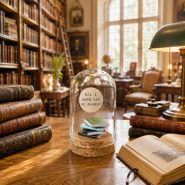 Miniatuur boekjes in stolp – All I Need Are My Books