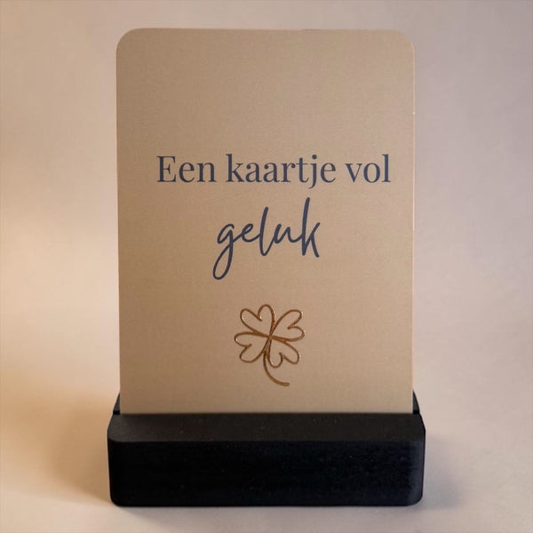 Kaartje op houder goudfolie kaartje vol geluk