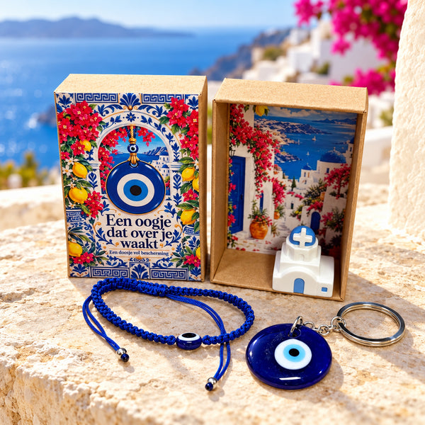 Blauwe oog doosje met kerkje, armband en sleutelhanger in mediterrane sfeer