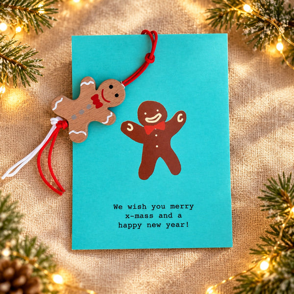 Cadeaukaartje met gingerbreadmannetje – Merry Christmas op passende kerstachtergrond