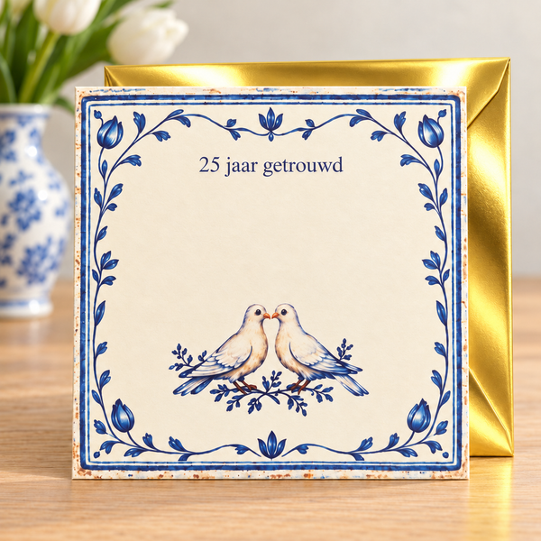 Wenskaart 25 jaar getrouwd met gouden envelop
