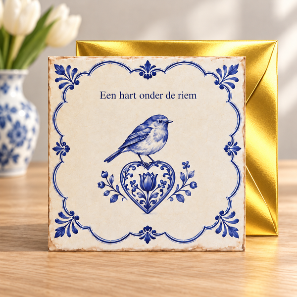 Wenskaart Een hart onder de riem met gouden envelop