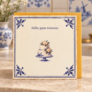 Delfts blauwe wenskaart – Jullie gaan trouwen met één gouden envelop in Delftsblauwe omgeving