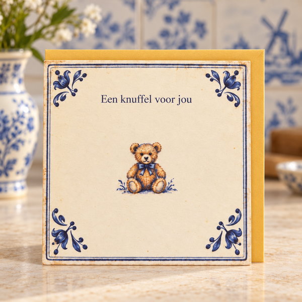 Delfts blauwe wenskaart – Een knuffel voor jou met één gouden envelop in Delftsblauwe omgeving