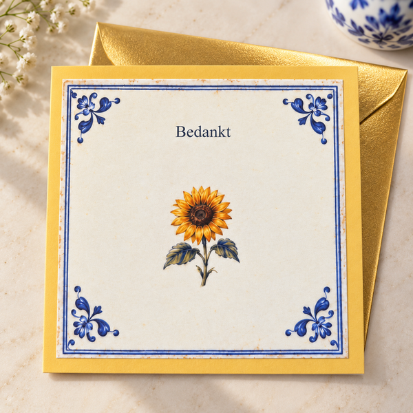 Delftsblauwe wenskaart Bedankt met gouden envelop