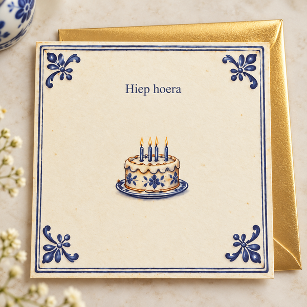 Delftsblauwe wenskaart Hiep hoera met gouden envelop
