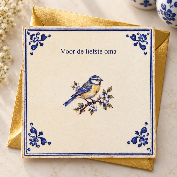 Delftsblauwe wenskaart Voor de liefste oma met gouden envelop