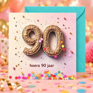 Hoera 90 jaar confettikaart met turquoise envelop achter de kaart