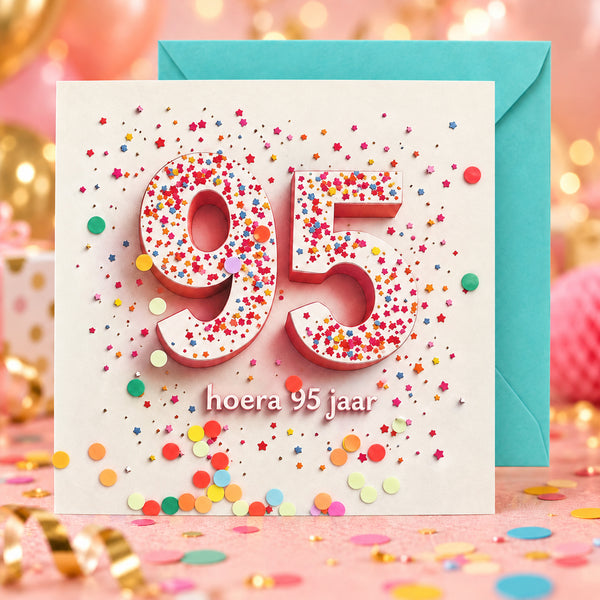 Hoera 95 jaar confettikaart met turquoise envelop achter de kaart