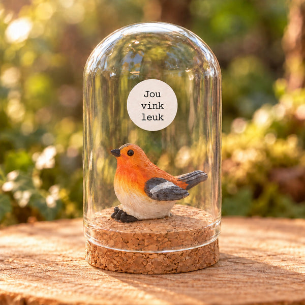 Vogeltje in glazen stolp – Jou vink leuk, ronde sticker in Courier