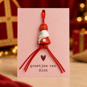 Roze kaartje Groetjes van Sint met Sintpoppetje