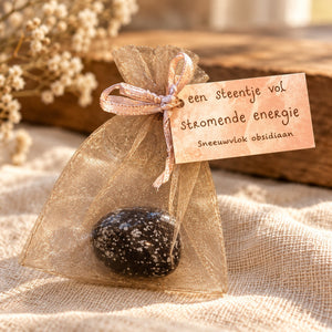 Sneeuwvlokobsidiaan knuffelsteen in organza cadeauzakje met kaartje