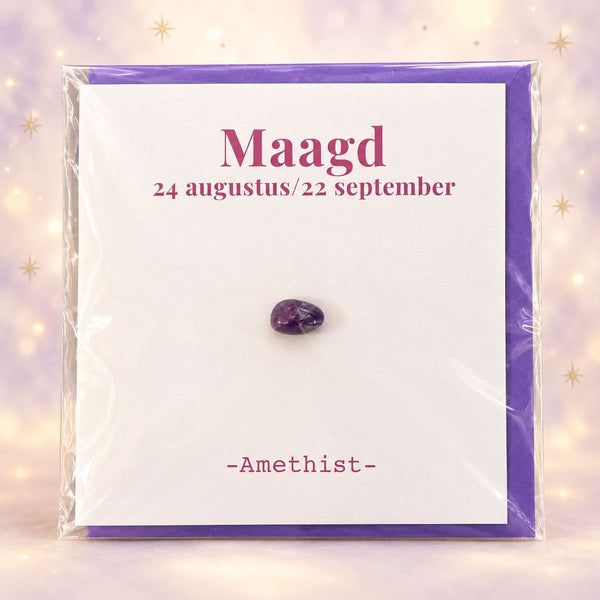 Sterrenbeeldkaart Maagd met amethist en envelop op magische achtergrond