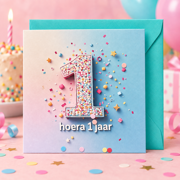 Verjaardagskaart hoera 1 jaar met turquoise envelop