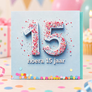Verjaardagskaart hoera 15 jaar met turquoise envelop