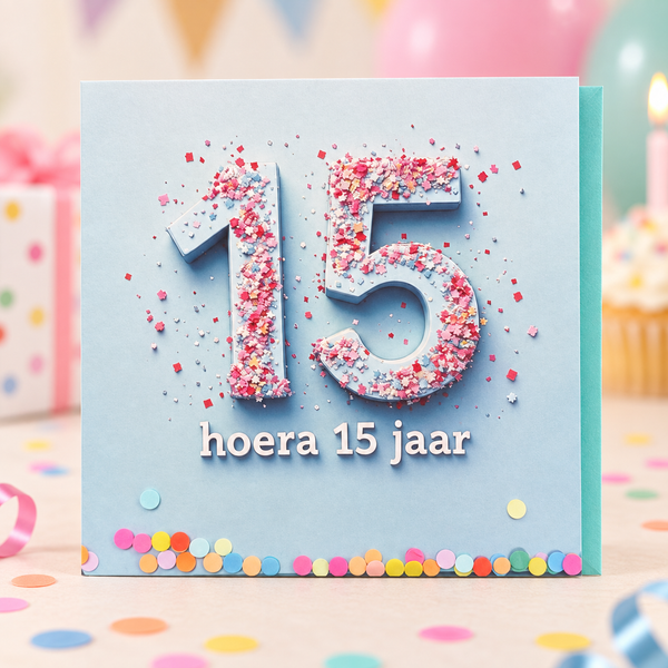 Verjaardagskaart hoera 15 jaar met turquoise envelop