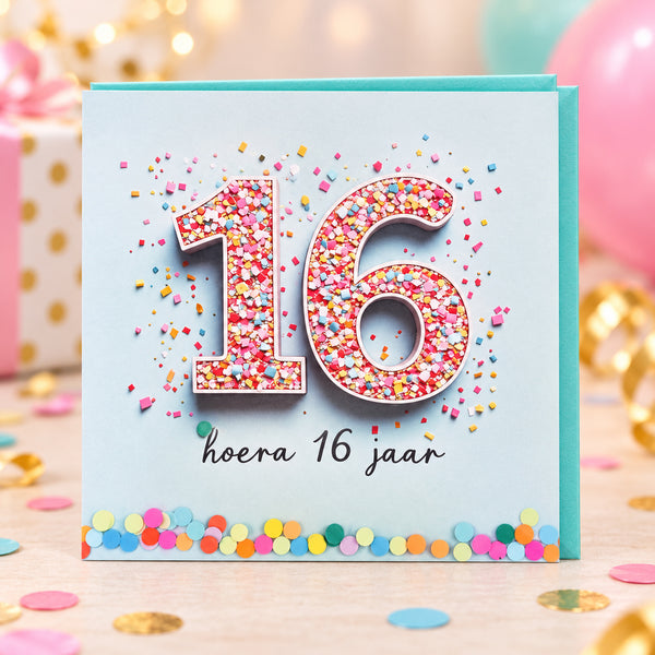 Verjaardagskaart hoera 16 jaar met turquoise envelop