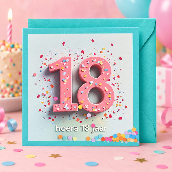 Verjaardagskaart hoera 18 jaar met turquoise envelop