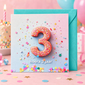 Verjaardagskaart hoera 3 jaar met turquoise envelop