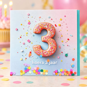 Verjaardagskaart hoera 3 jaar met turquoise envelop