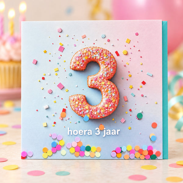 Verjaardagskaart hoera 3 jaar met turquoise envelop