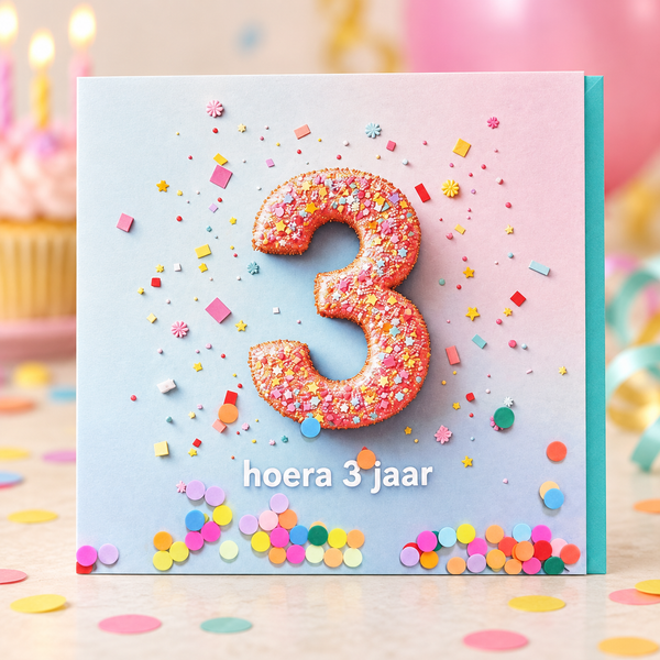 Verjaardagskaart hoera 3 jaar met turquoise envelop