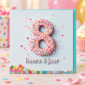 Verjaardagskaart hoera 8 jaar met turquoise envelop