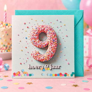 Verjaardagskaart hoera 9 jaar met turquoise envelop